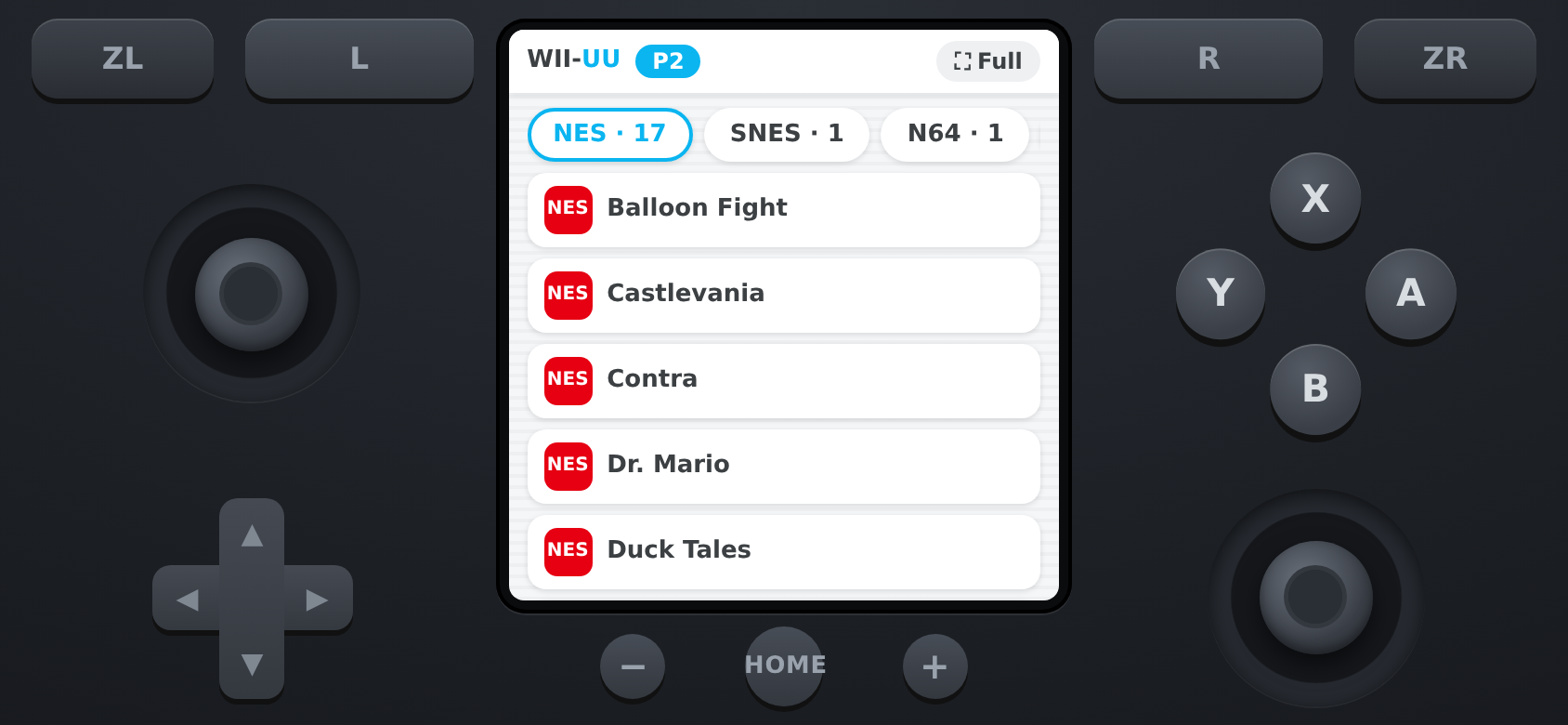 The phone GamePad page: two sticks, a D-pad, ABXY buttons and a centre screen listing NES games