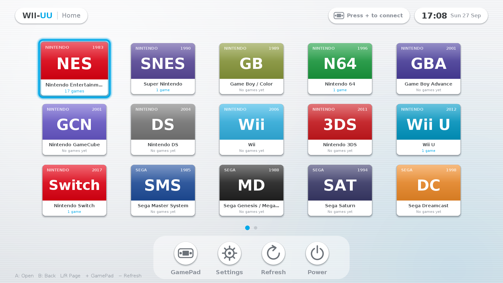 The WII-UU home screen: a grid of console tiles with a blue cursor, a clock and a GamePad status pill